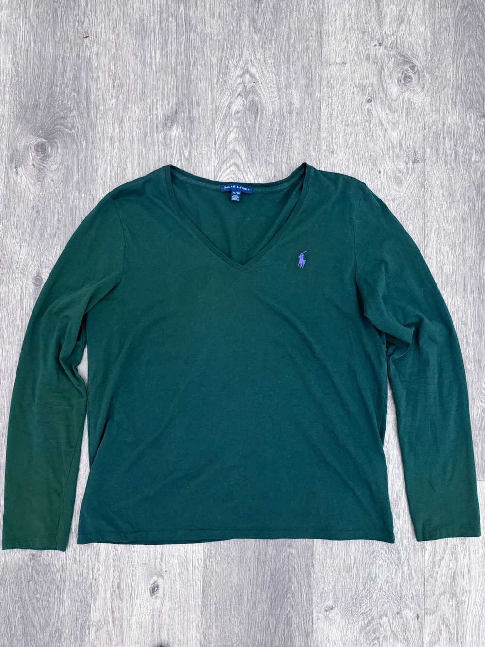 Ralph Lauren Forest Green V-Neck Long Sleeve Top with Purple Logo